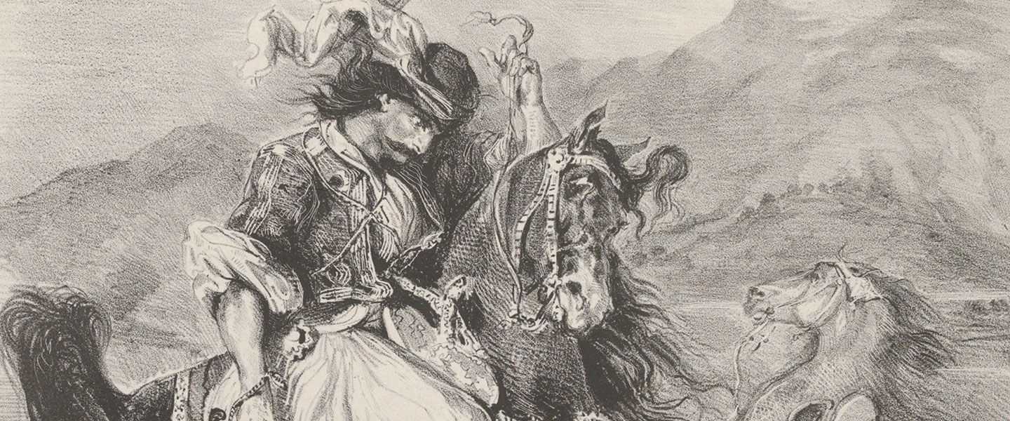 Detail view of a Delacroix lithograph depicting a Turkish giaour (infidel soldier) on horseback