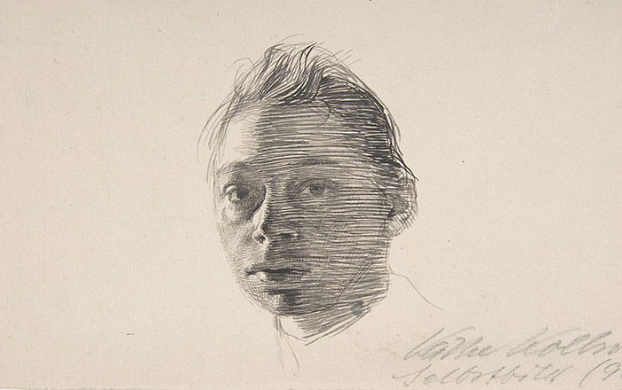 Self-portrait sketch of woman, made by gray and black ink, with pencil writings on the upper and lower right corners