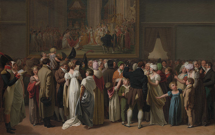 A nineteenth-century crowd viewing David's painting of Napolean crowning his wife Josephine in the Louvre 