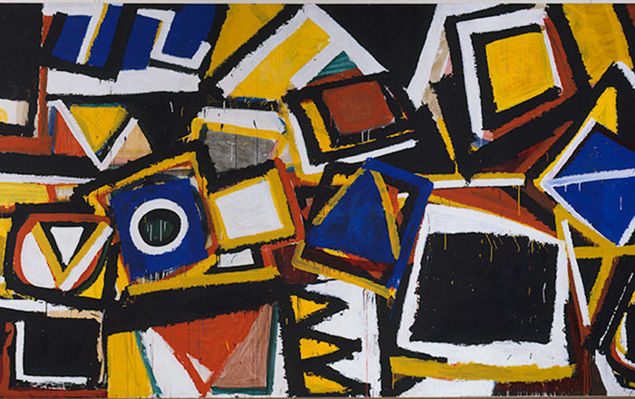 Painting of overlapping blue, yellow, white, black and earth red geometric shapes 