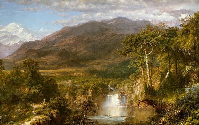 Landscape painting of the Andes, with a small cross placed on the edge of cliff, to the left of a waterfall, with mountains covered by clouds followed by a snow-capped mountain in the background 