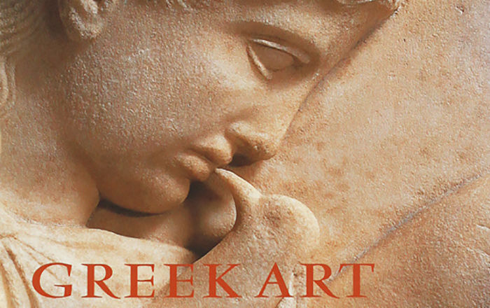 Cover of a brochure with an Ancient Greek creamy white stone relief sculpture of a girl clutching a dove to her chest