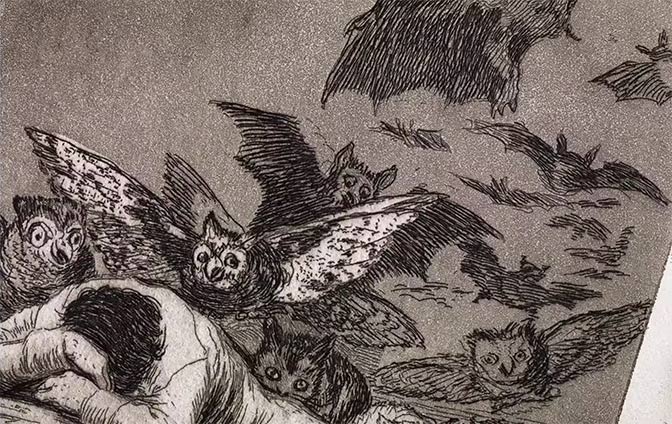 Detail from plate 43 of Francisco Goya's 'Los Caprichos': The sleep of reason produces monsters