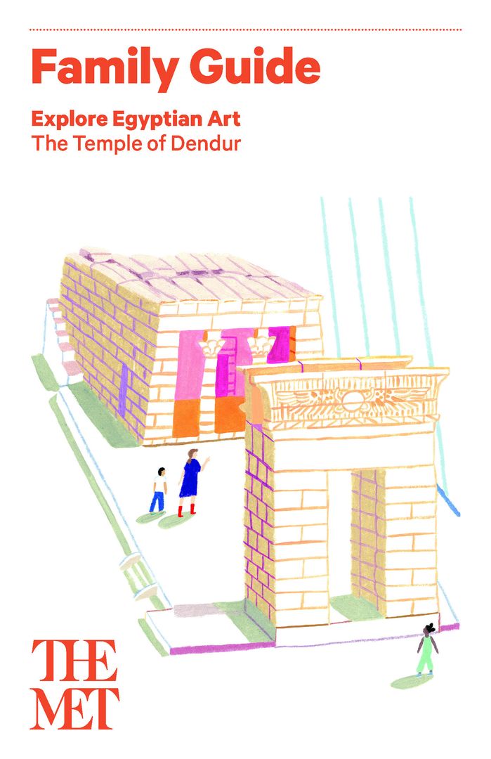 Cover of a brochure with a very colorful illustration of visitors mingling in The Temple of Dendur.