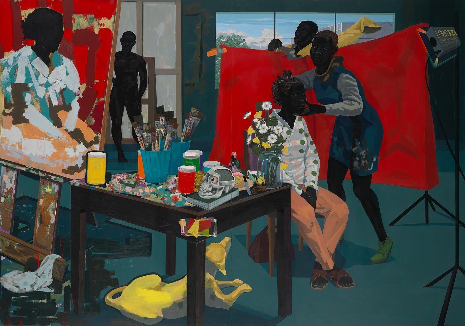 A painting of four figures inside an artist's studio