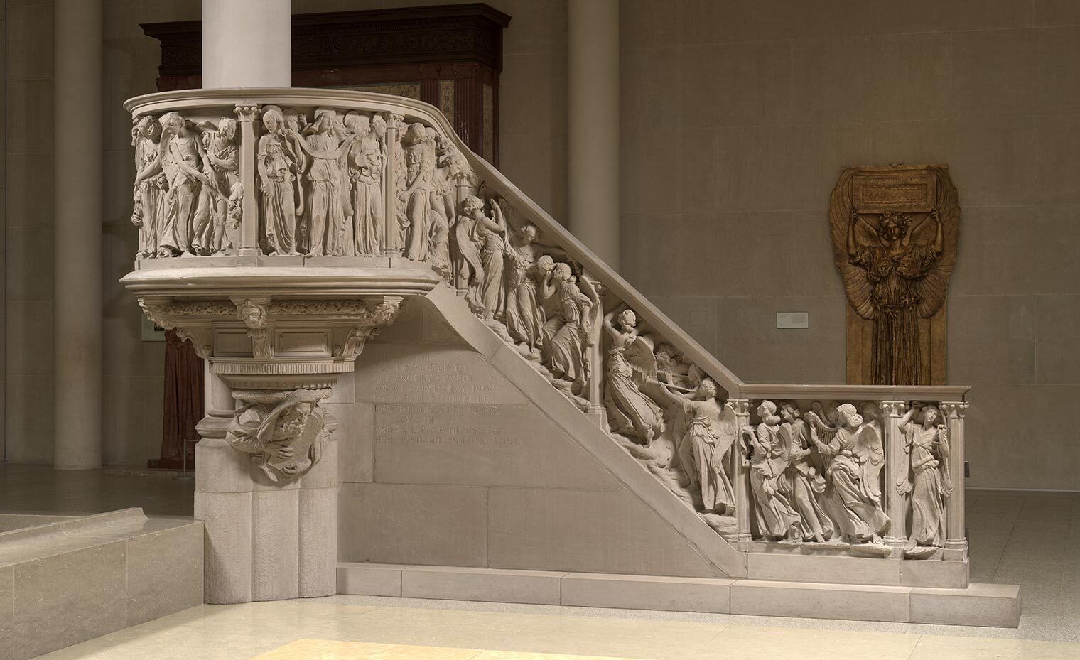 An ornate pulpit is installed in The Met's galleries