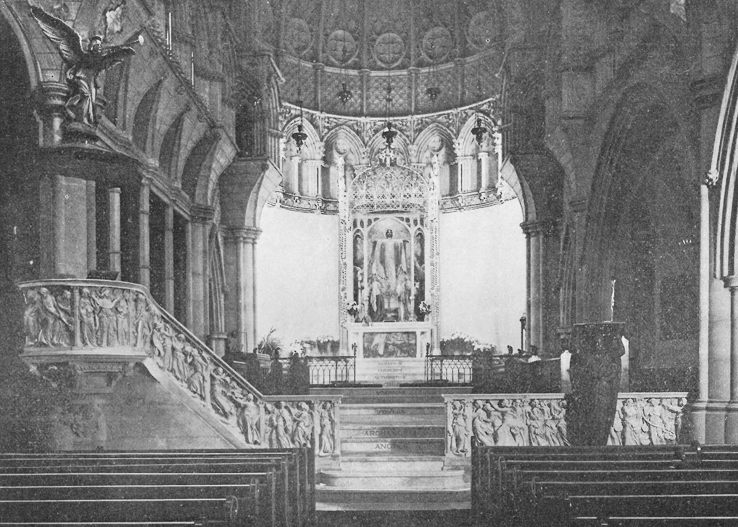 An old photo of an ornate church interior