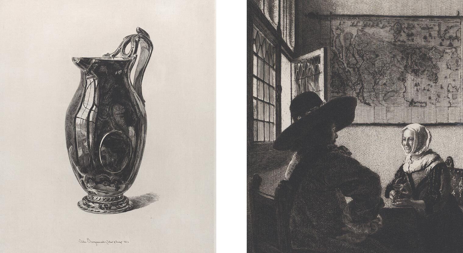Etching of a vase and thena  woman beside a window
