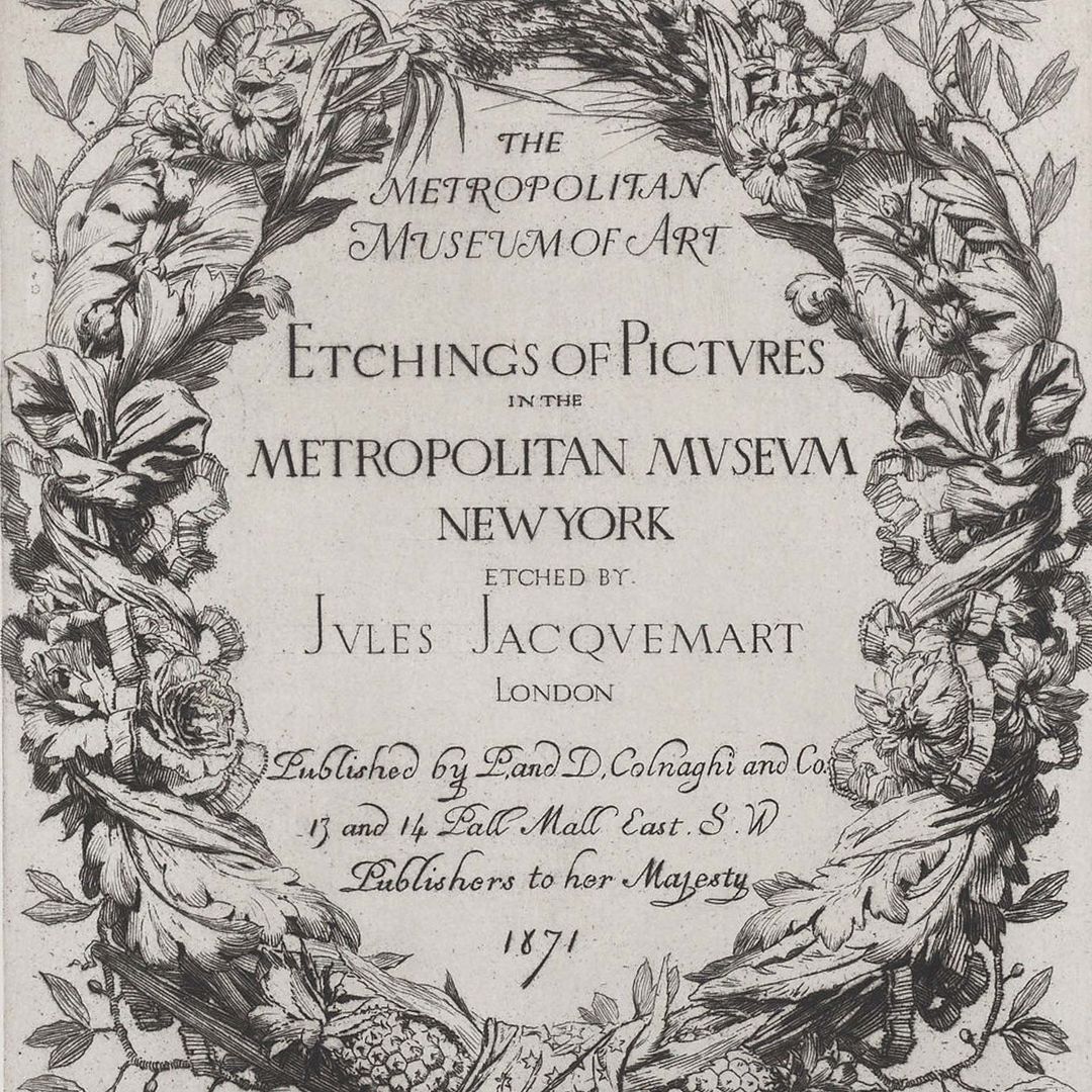 Etching of a wreath with text that reads The Metropolitan Museum of Art, Etchings of Paintings