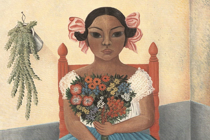 Portrait painting of a seated young woman holding a bouquet of flowers and wearing a white blouse and full blue skirt with white lace edging