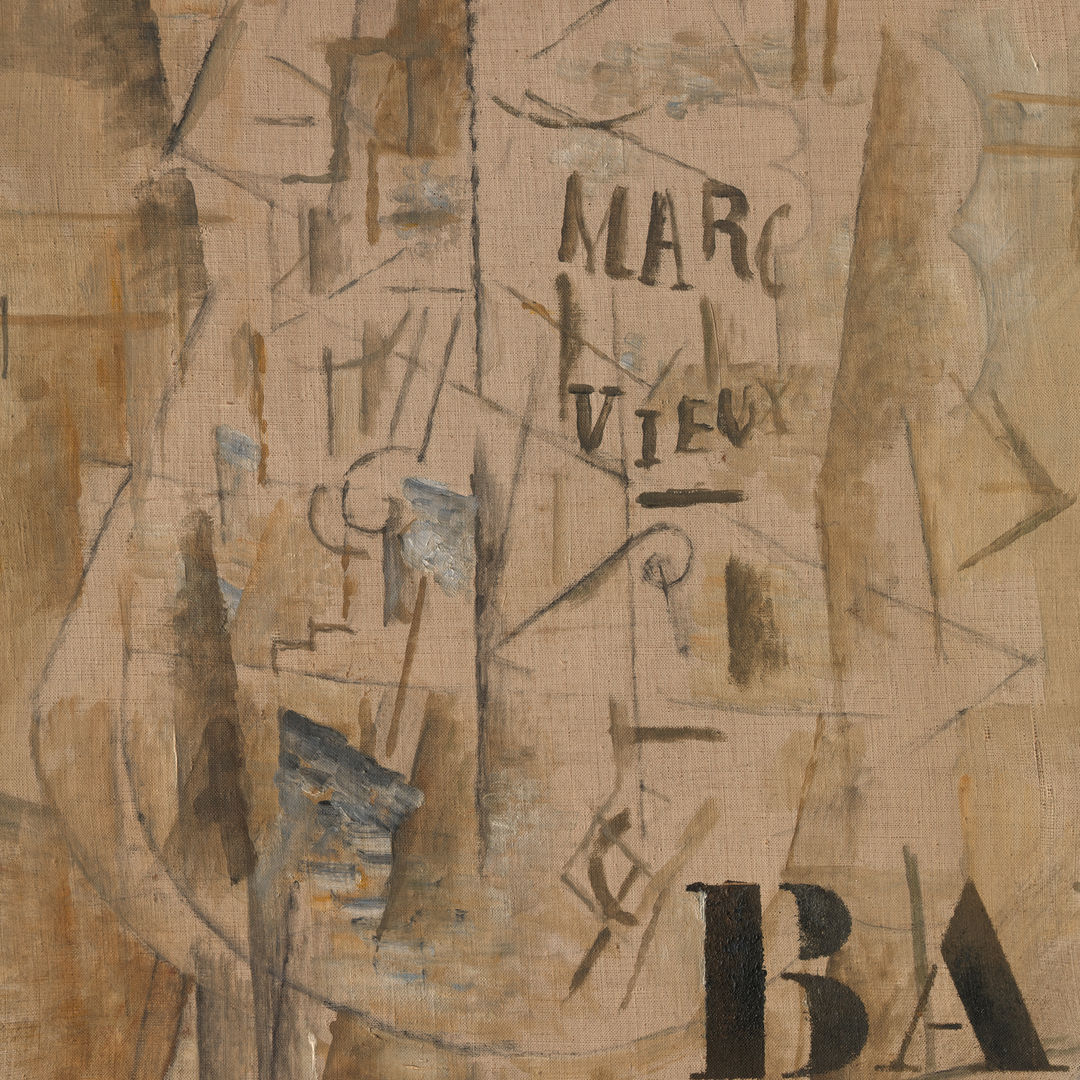 Oil and charcoal painting of brown-toned cubist take on a bar or café interior with the tall shape at the center identified as a bottle of “Marc Vieux” brandy