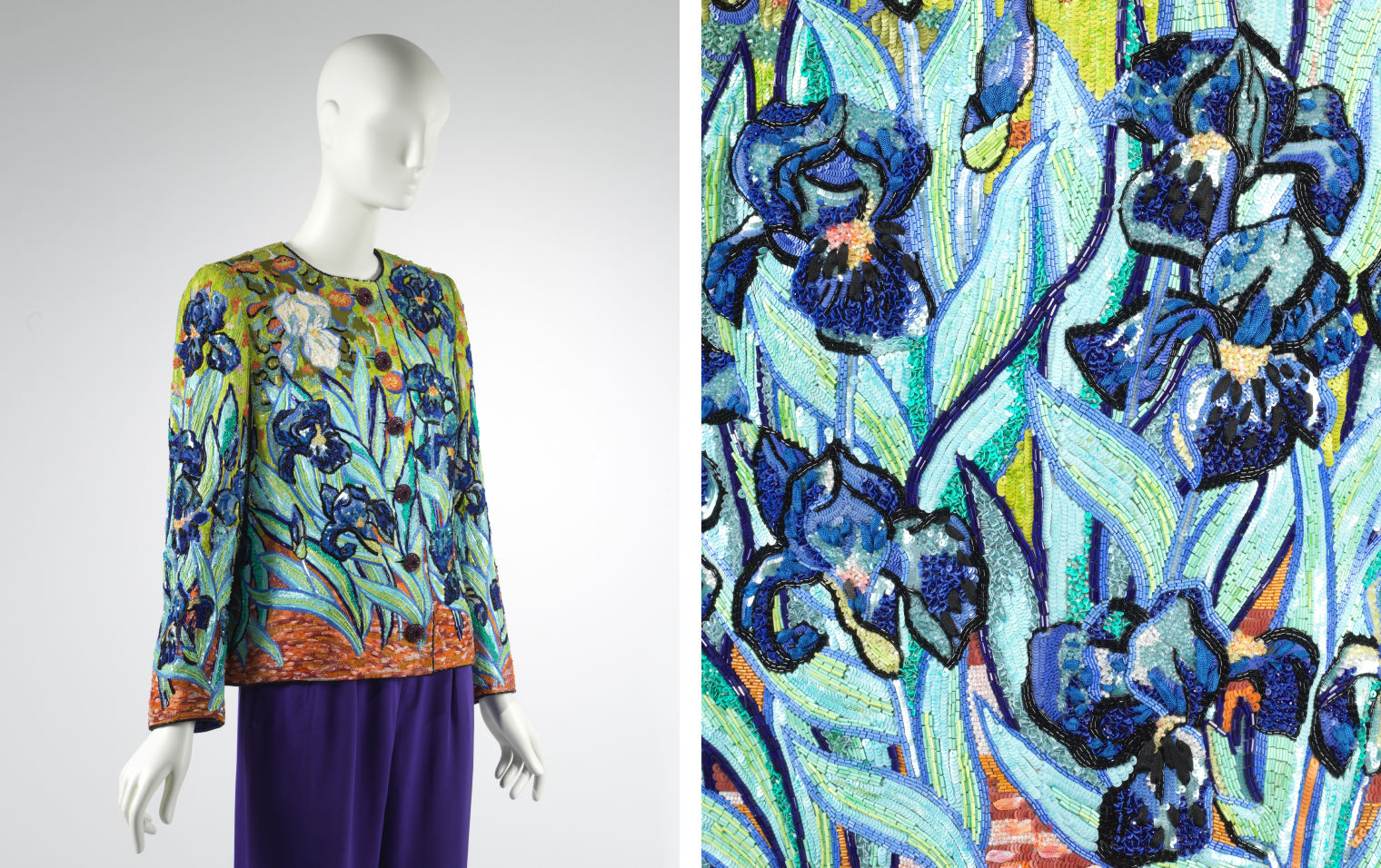 Composite image of Yves Saint Laurent Iris jacket and a close up showcasing the intricate embroidery of the flowers