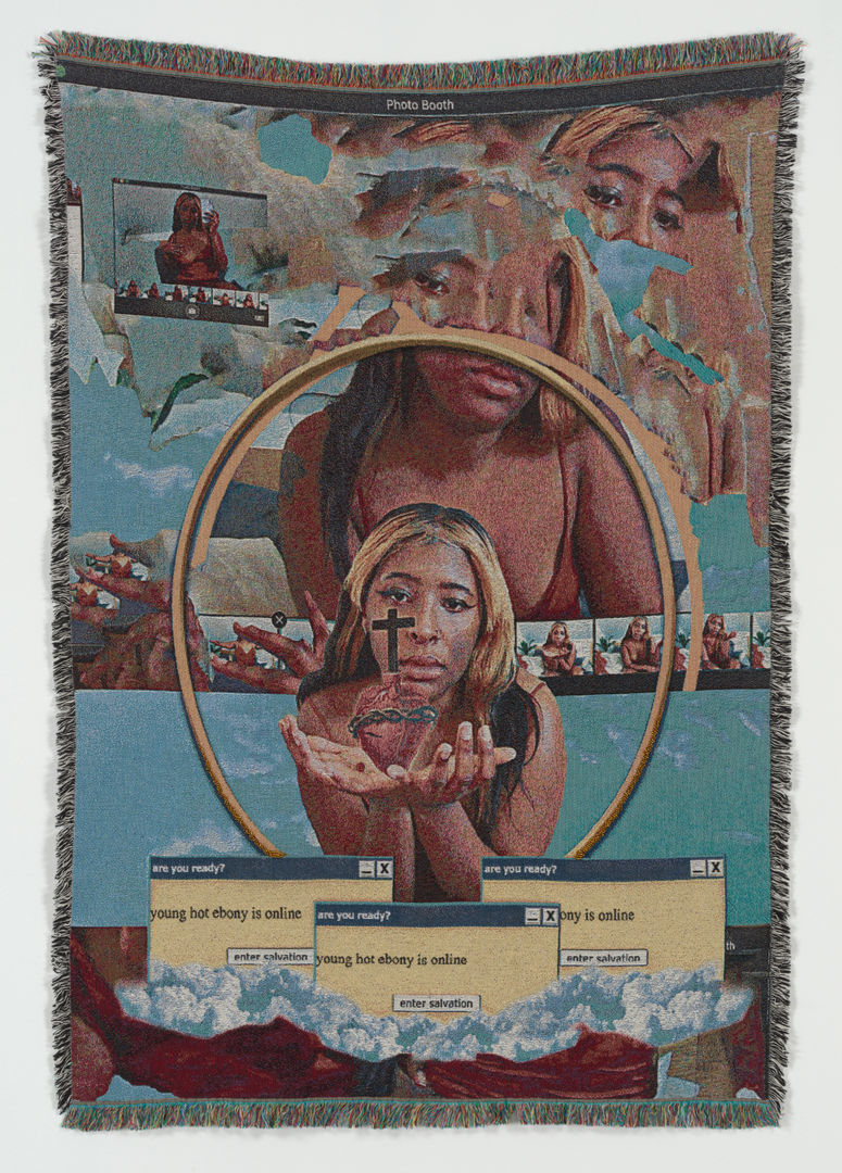 Woven textile of a black woman holding her hands together supporting a heart, in front of religious imagery