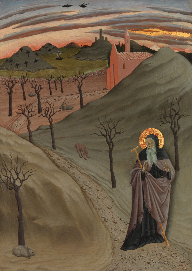 Painting depicting the life of the hermit Saint Anthony Abbot. Saint Anthony stands in front of a landscape of garish mountains and trees without leaves. In the back, there is a pink church