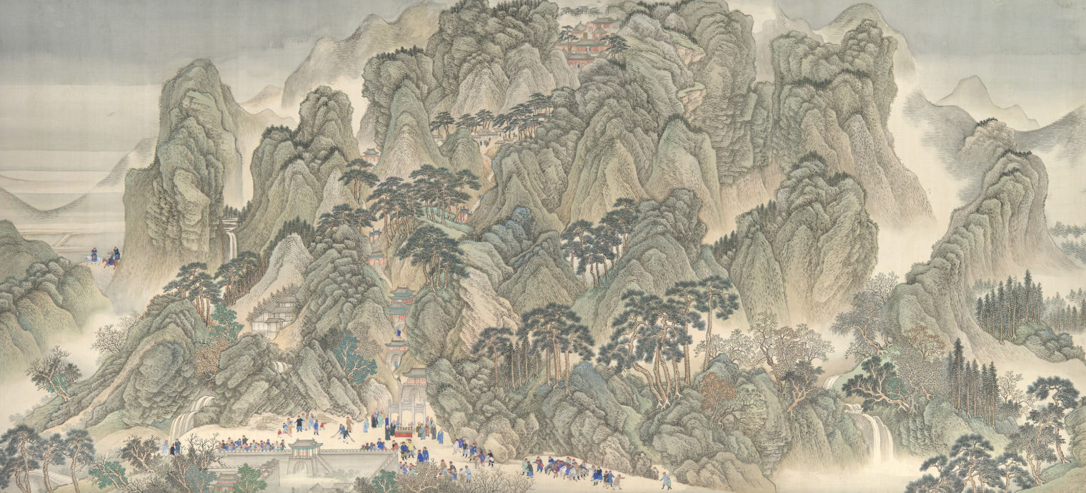 Painting of trees and tall mountains with a narrow path towards the bottom where people are walking and gathering.