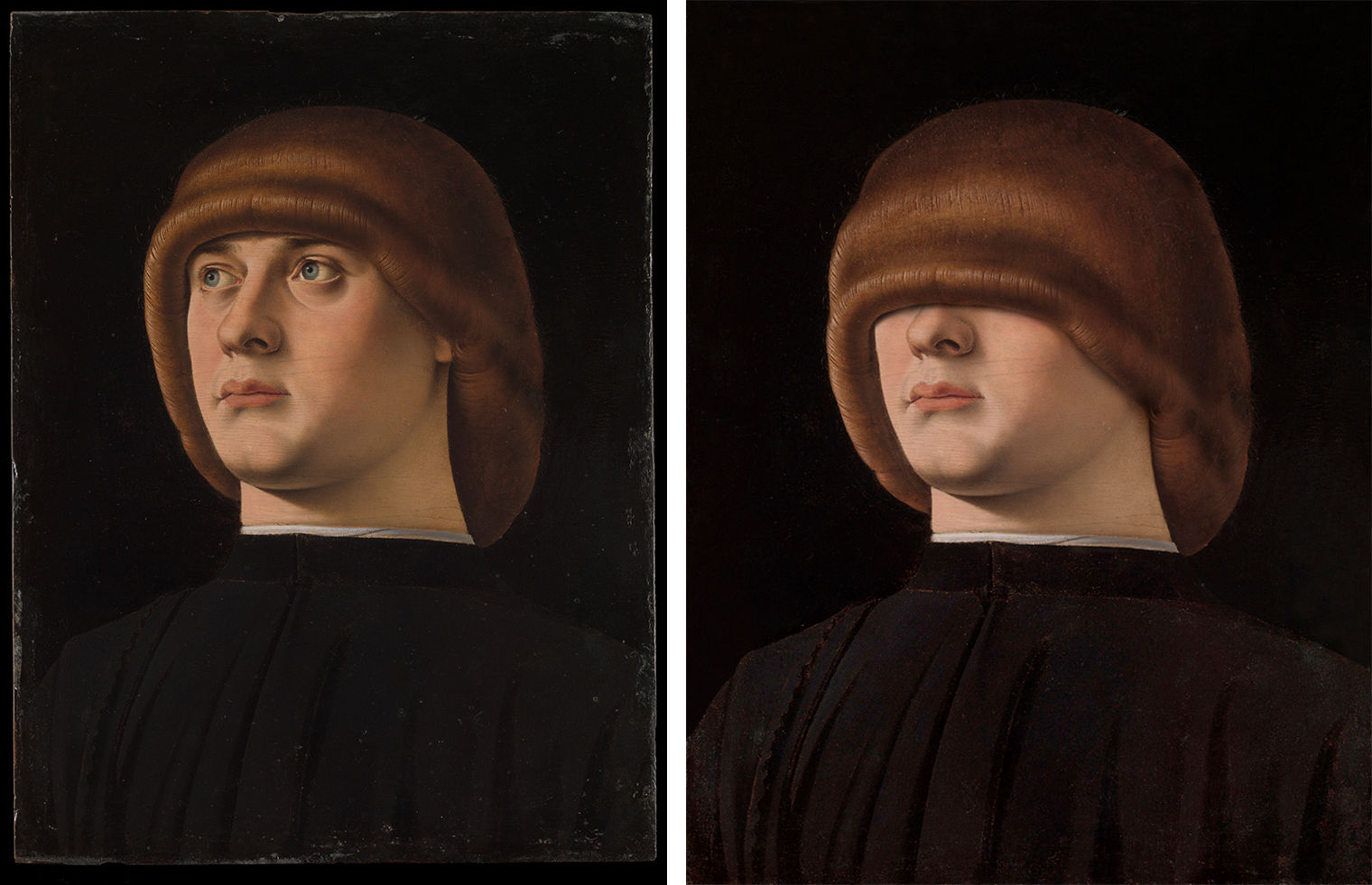 image on left shows a a portrait of a man with brown hair, image on right shows the same image with the hair covering the man's eyes