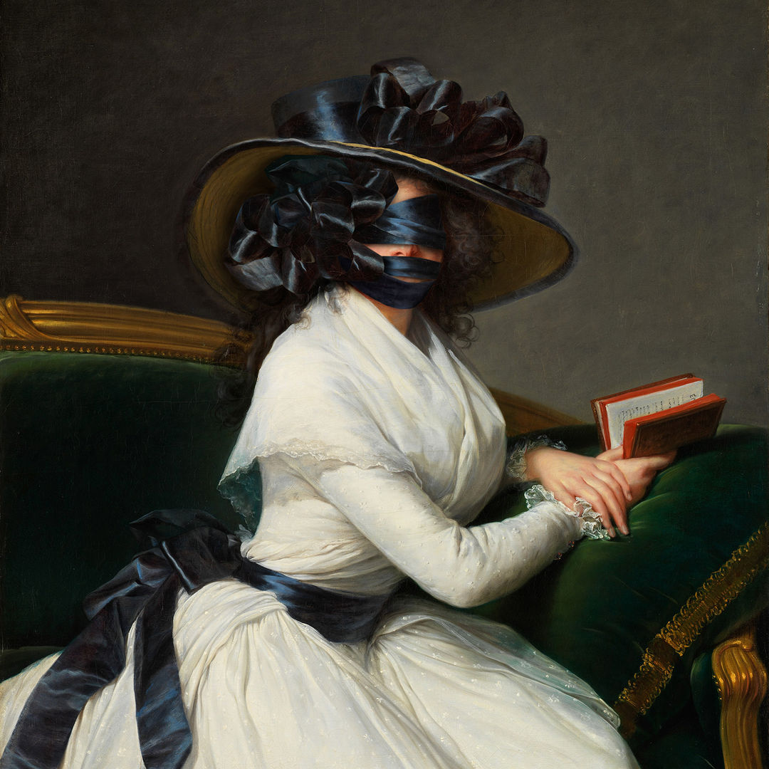 painting of a woman in a white dress wearing a broad hat sitting with a book with ribbon covering her face