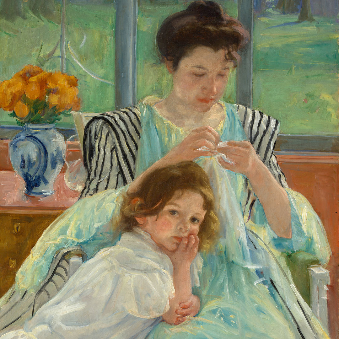 Detail of Mary Cassatt’s painting of a young mother sewing with a child resting on her lap; the room has a vase of vibrant flowers and a bay of windows overlooking a green wooded area.