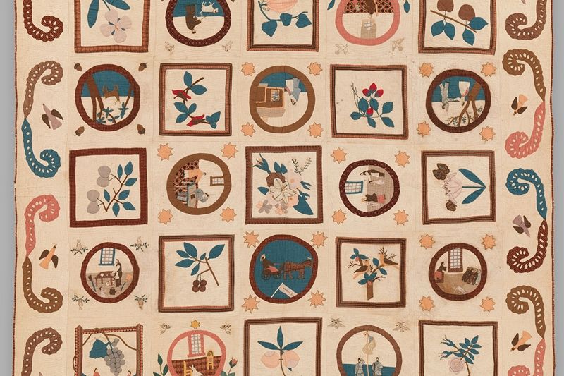 Detail of a quilt by Emma Civey Stahl depicting various floral designs and scenes of life during the Civil War in square and circular vignettes.
