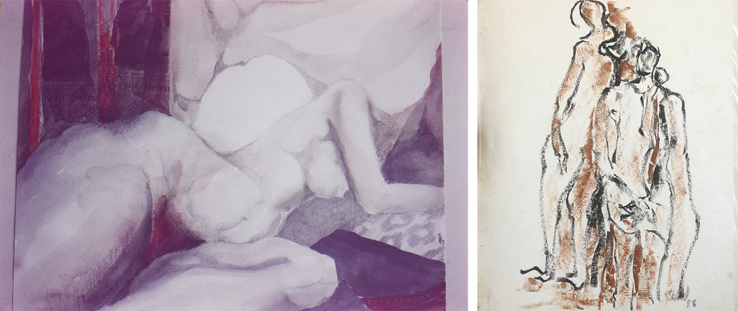 Two abstract artworks of female nudes. At left, the figure reclines with her face obscured. At right, several figures stand in a group.