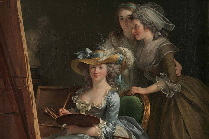 A painting of three women in an 18th-century painting studio.