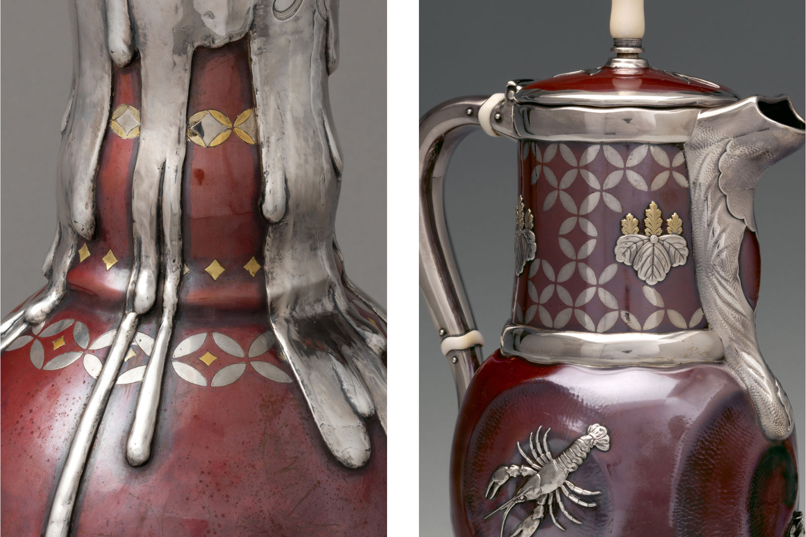 Composite image of a patinated vase and chocolate pot made of silver, copper, and gold. On the left, a close up of the neck of the vase shows a repeating patterned inlay design of silver petal shapes arranged in a circle, interrupted by silver drips that run down the sides of the neck. On the right, a close up of the chocolate pot reveals the same inlay motif appearing all across the neck of the pot.