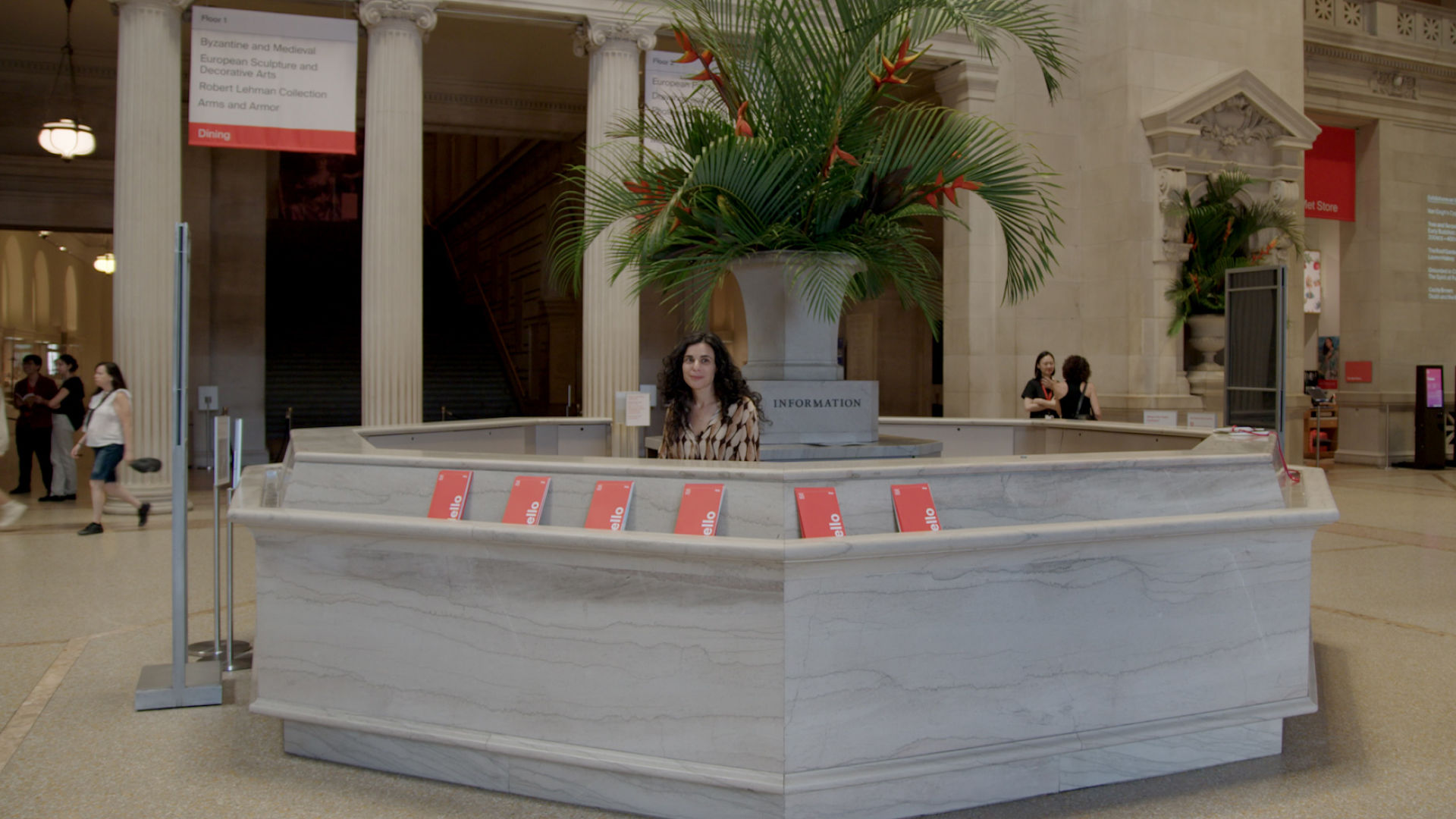 Poet Robyn Schiff stands behind The Met's Information Desk