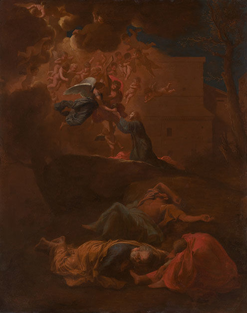 Nicolas Poussin, The Agony in the Garden, created between 1626–27.  In this intimately scaled, jewel-like painting, a zig-zag composition unites two scenes: Christ anticipates his mortal death by crucifixion, while his disciples slumber. 