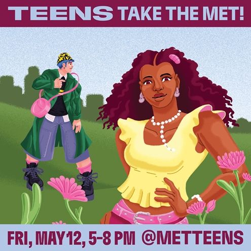 An illustration of two teens in brightly outfits posing in a patch of spring flowers with a cityscape behind them