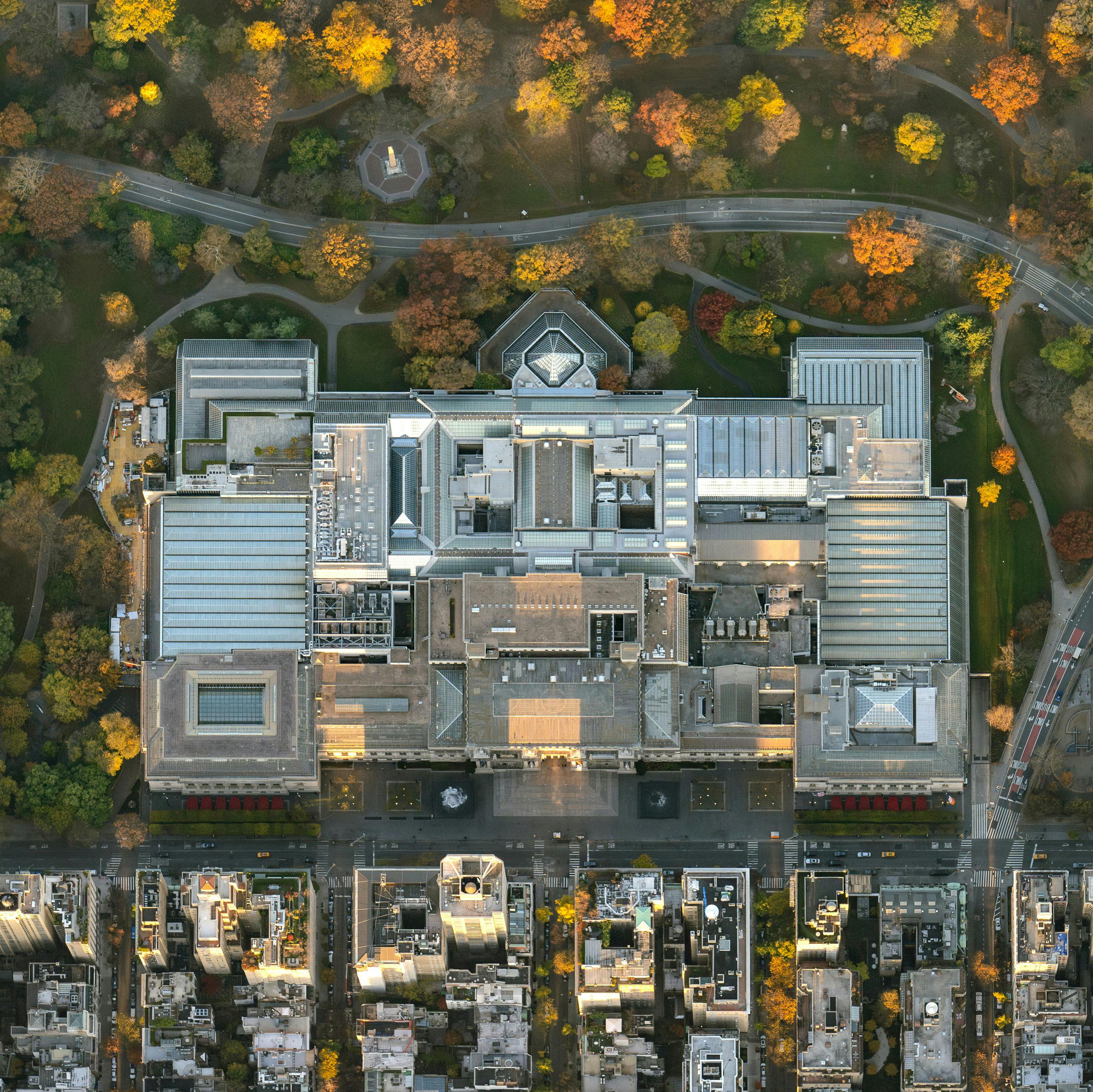 Aerial view of The Metropolitan Museum of Art in 2023, with Fifth Avenue at top and the existing modern and contemporary wing, which will be transformed, at bottom right.