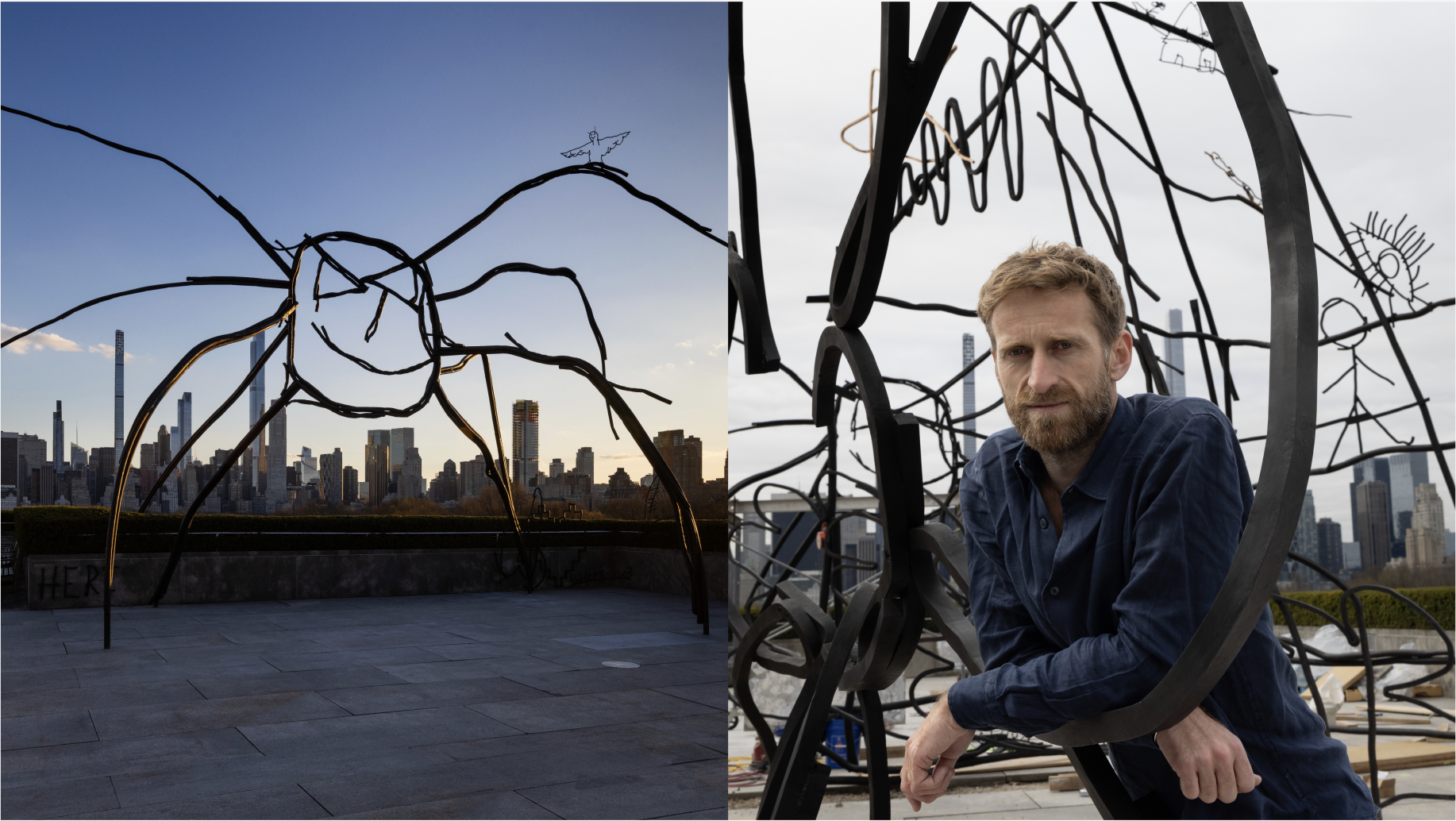 Two photo side by side, the left: sculpture of a giant spider with the city skyline blue, in the background. The image on the right is the artist, standing in between a sculpture.