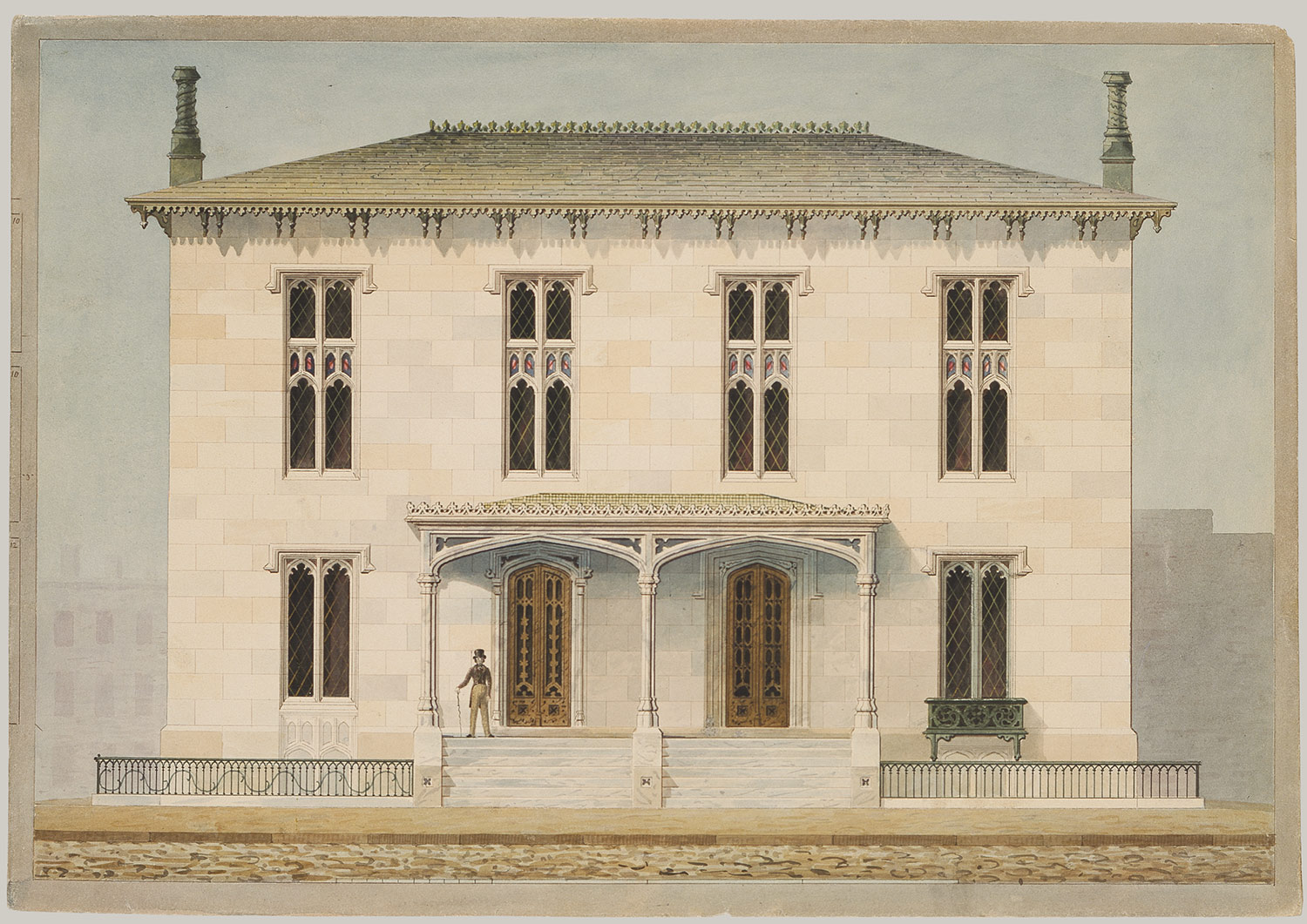 Alexander J Davis Study of a double townhouse front elevation