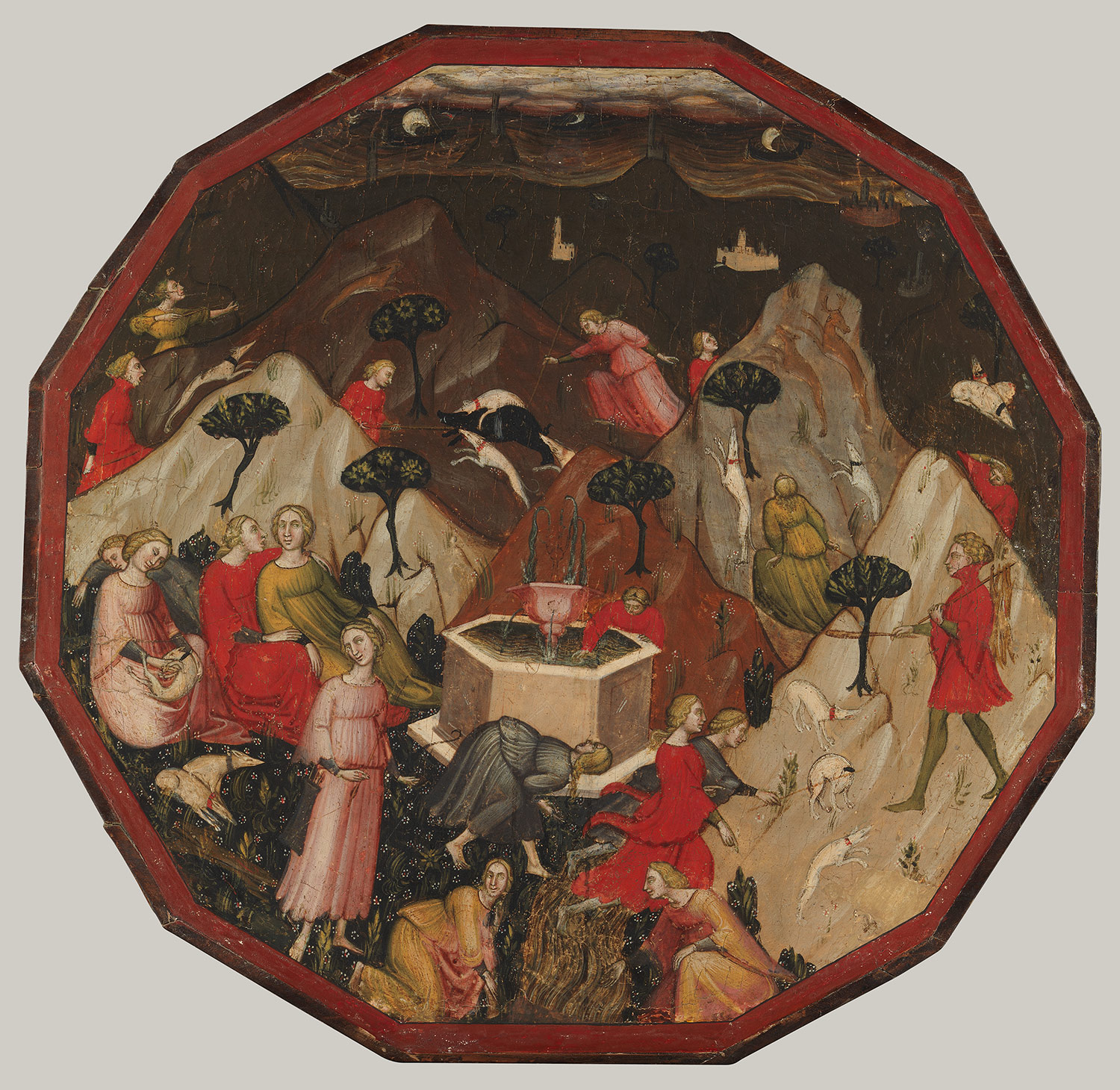 Childbirth tray desco da parto with scenes from Boccaccio's Commedia delle 