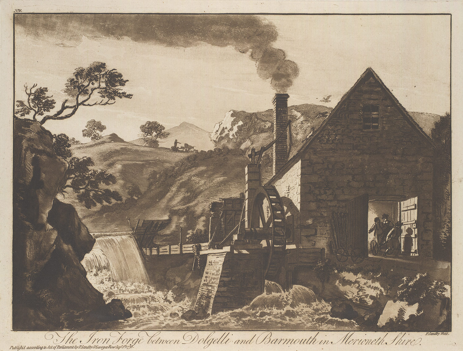 aquatint, The Iron Forge between Dolgelli and Barmouth in Merioneth Shire: Plate 6 of XII Views in North Wales