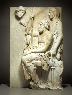Marble grave stele with a family group