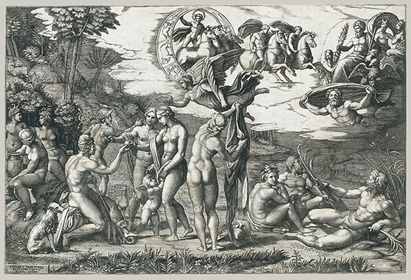 The Judgment of Paris; he is sitting at left with Venus, Juno and Pallas Athena, a winged victory above; in the upper section the Sun in his chariot preceeded by Castor and Pollux on horseback; at lower right two river gods and a naiad above whom Jupiter, an eagle, Ganymede, Diana and another Goddess