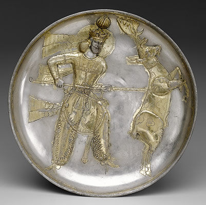 Plate: the king Yazdgard I, slaying a stag