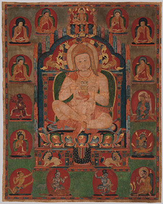 Portrait of Jnanatapa surrounded by lamas and mahasiddhas