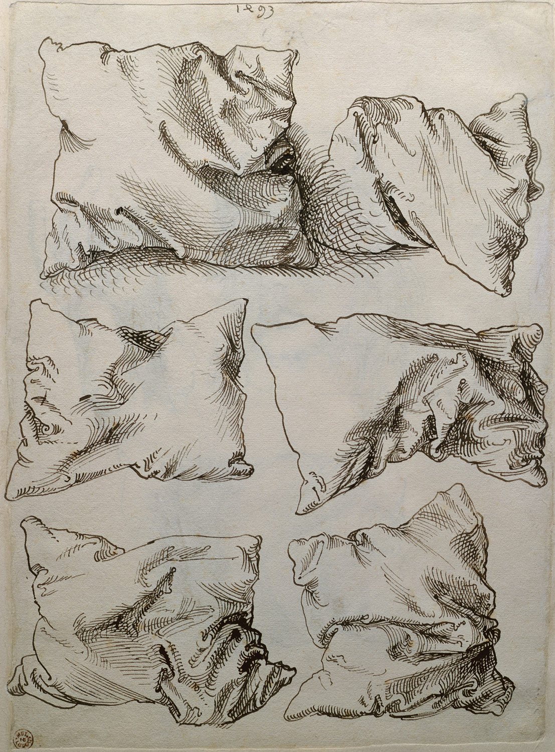 Self-portrait, Study of a Hand and a Pillow (recto); Six Studies of Pillows (verso)