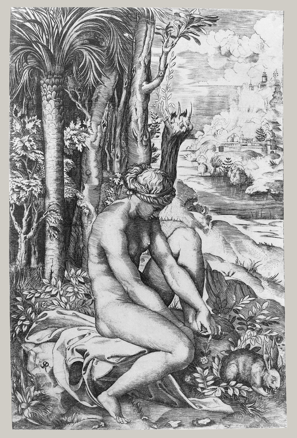 Venus removing a thorn from her left foot while seated on a cloth next to trees, a hare lower right