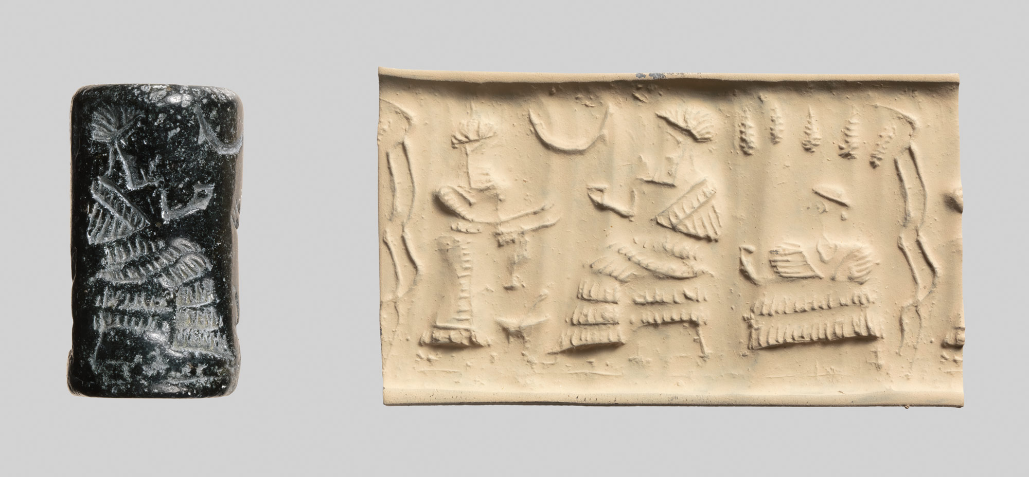 Cylinder seal and modern impression: worshiper before a seated ruler or deity; seated female under a grape arbor