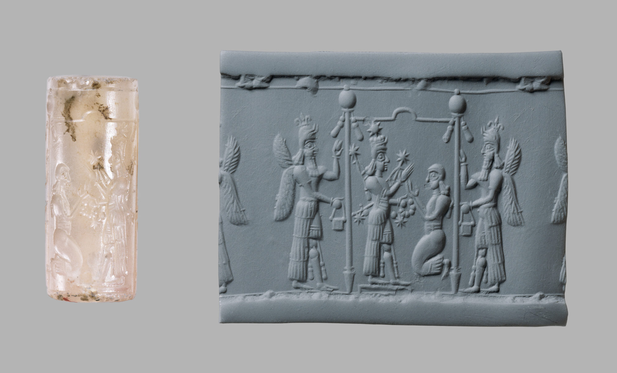 Cylinder seal and modern impression: Ishtar image and a worshipper below a canopy flanked by winged genies