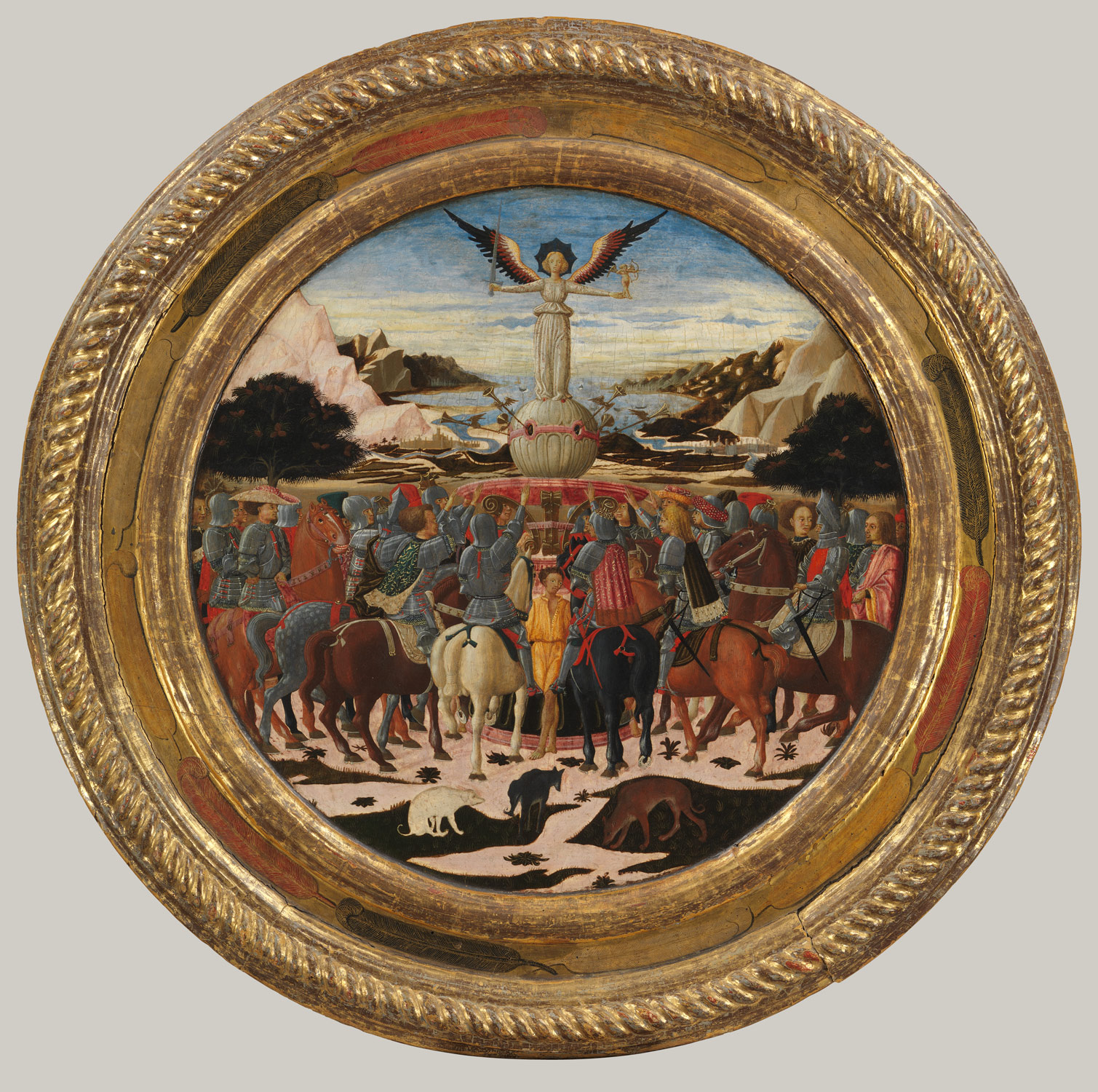 O triunfo da fama;  (reverso) Impresa da Família Medici e Armas das Famílias Medici e Tornabuoni