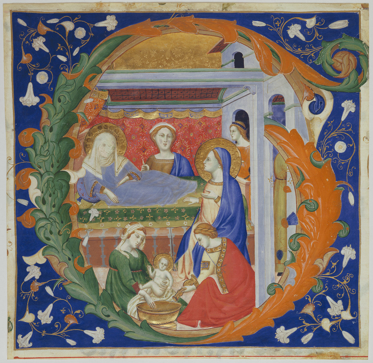 Pietro Lorenzetti Birth Of The Virgin. Initial G with the Birth of