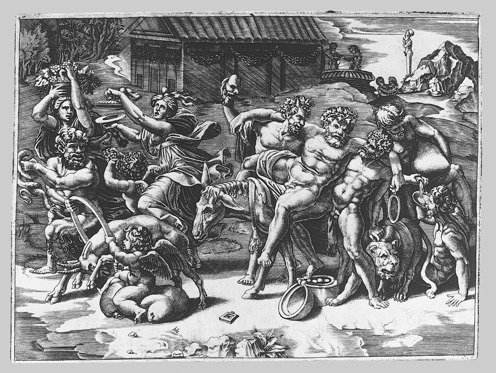 The procession of Silenus who is carried on an ass preceeded by a bacchant playing the cymbals and other figures