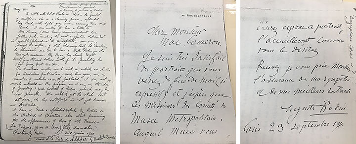 Pages from Robert MacCameron's journal and a letter from Auguste Rodin