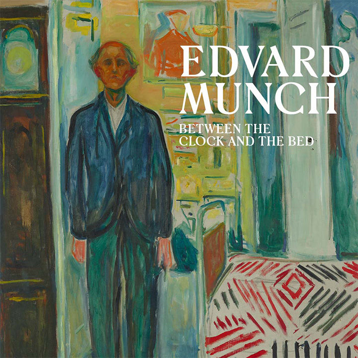 Painting of a male figure standing straight and frontally between a tall grandfather clock to our left and the foot of a bed to our right; the painting includes earthy yet garish colors such as emerald green, cobalt blue, teal, yellow, orange, and red; the image includes the following overlay text: "Edvard Munch Between The Clock and The Bed"