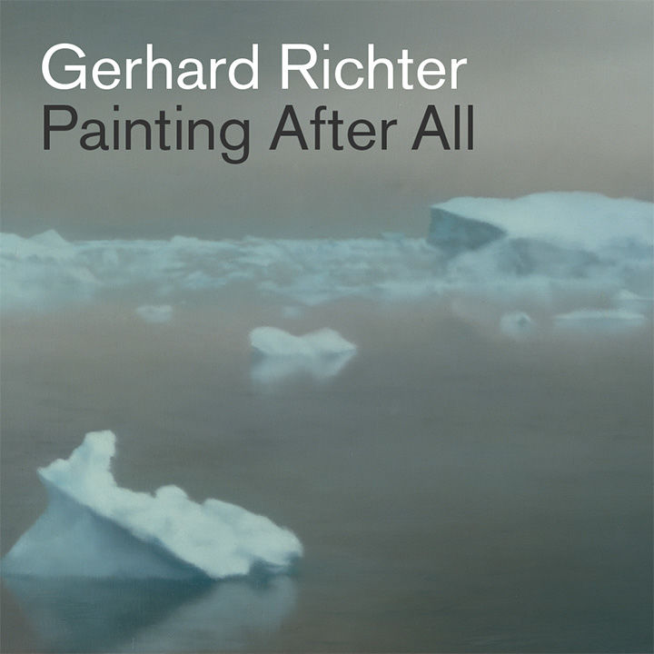 A cool-toned, blue-and-white photorealistic painting of several iceburgs; the following overlay text appears in the upper lefthand corner "Gerhard Richter Painting After All"