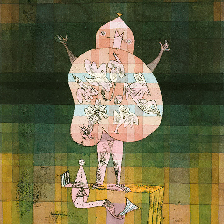 Painting of an abstracted figure standing on a floating, transparent platform within a flat grid space colored in varying tones of hunter green and ochre yellow; the figure's arms are raised up and its blob body is covered in drawings of various abstracted animal forms.