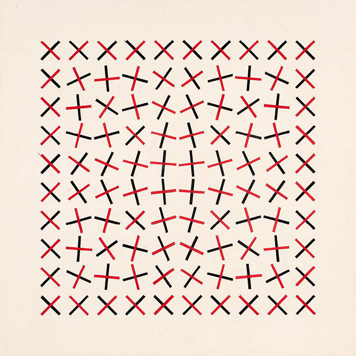 Illustration of a ten-by-ten grid of x's composed of one read line and one black line; the x's are oriented right-side up all around the perimeter of the grid but rhythmically changed orientation inside; each quadrant of the grid still forms an overall mirror symmetry.